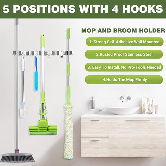 Broom Holder Wall Mount, Broom Organizer Wall Mount Stainless Steel Broom and Mop Hanger Heavy Duty Storage Organization for Home Kitchen Garden Garage Room 5 Racks 4 Hooks (2PACK)(Grey Racks)-NeatNest
