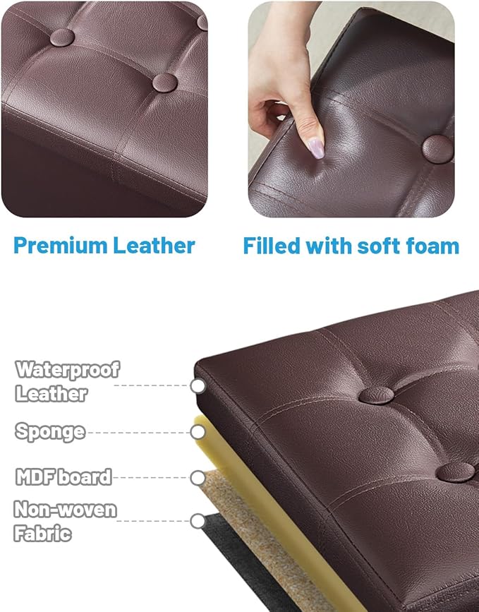 AmasSmile Storage Ottoman Folding Foot Rest Stool, Leather Footstool Bench, Short Ottoman Stool, Storage Foot Rest Store, Books (Brown, 17" D x 13" W x 13" H)-NeatNest