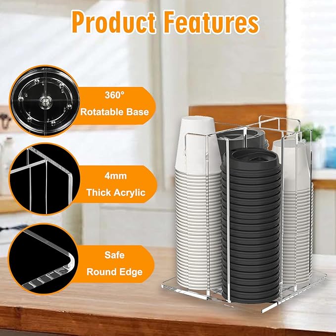 Cup and Lid Holder, 360° Rotated Coffee Cup Dispenser, Rotating Lid Carousel, Acrylic Cup Storage Organizer Beverage Cup Holder with 4 Compartments for Countertop Coffee Station Bar Restaurant, Clear-NeatNest