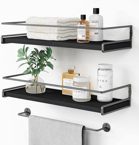 Forbena Black Floating Shelves for Bathroom Wall Set of 2, Kitchen Spice Rack Wall Mount, Modern Wood Hanging Wall Shelves for Bedroom Organizer, Restroom Pantry Closet Storage (Grey-Black)-NeatNest