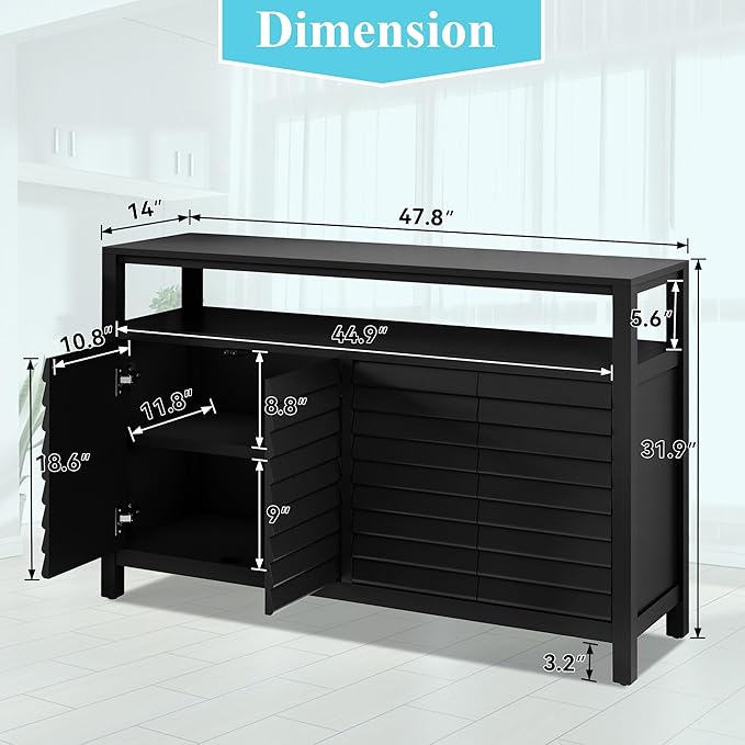 HLR Bathroom Floor Storage Cabinet, Farmhouse Sideboard with Decorative Louvered Doors, Bathroom Storage Unit with 4 Doors & Shelves, Freestanding Credenza for Dining Room, Living Room, Hallway, Black-NeatNest