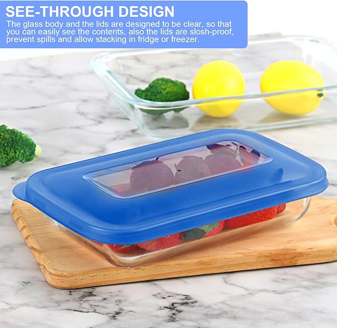 8 Pieces Glass Baking Dish with Lids Rectangular Glass Baking Pan Bakeware Set with BPA Free Lids, Baking Pans for Lasagna, Leftovers, Cooking, Kitchen, Fridge-to-Oven,Blue