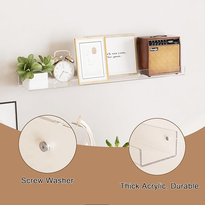 24'' Clear Acrylic Wall Long Shelf 2 Pack, Acrylic Floating Book Shelves, Wall Mounting Invisible Ledge Book Shelf-NeatNest