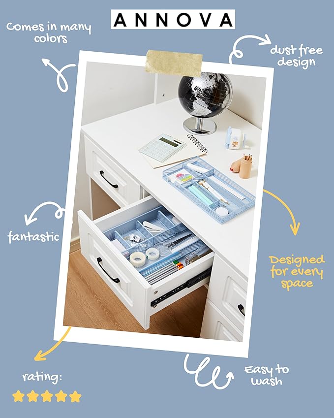 Annova Desk Drawer Organizer/Storage Tray - Metal Mesh with Dividers for Pens, Desktop Accessories, Bathroom, Kitchen, Makeup and Office Supplies (Small, Morandi Blue)-NeatNest