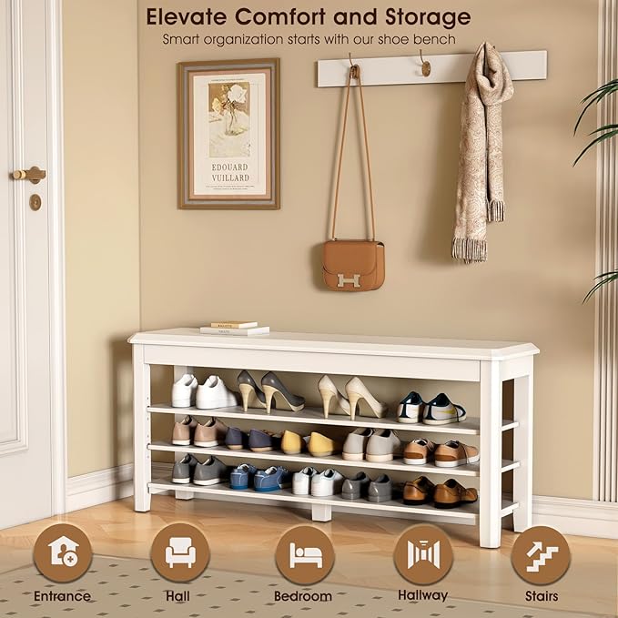 Shoe Rack Bench Seat Rubberwood 3-Tier Wooden Storage Bench 550lbs Compact Mid-Century Modern Design for Entryway, Hallway, Closet, Front Door Entrance, Foyer