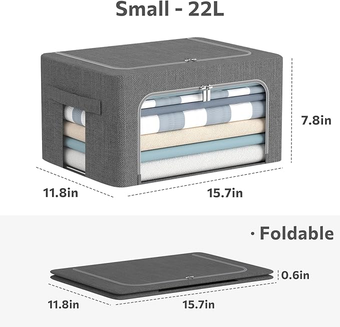 3Pack Foldable Storage Bins - Frame Storage Box Linen Fabric Stackable Clothes Container Organizer with Clear Window & Carry Handles Large Capacity (Small-22L, Dark Gray)-NeatNest