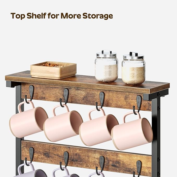 Coffee Mug Holder for Counter, 2 Tier Mug Tree Rack, with 8 Hook and 2 Open Shelves, Vintage Mug Holder Stand for Home Kitchen, Rustic Brown MH43BR-NeatNest