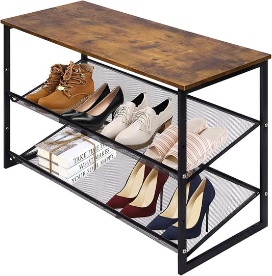 Garden 4 you 3-Tier Tilting Adjustable Freestanding Shoe Rack 6-Pairs 25.2 in Length for Durability and Stability for Entryways, Hallways, Closets, Dormitory Rooms, and Industries，Brown-NeatNest