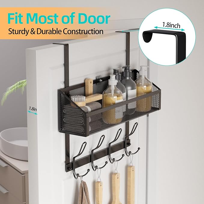 Over The Door Hooks Organizer with 12 Hooks, Over The Door Storage Rack with Mesh Basket,Back of Door Storage Organizer Over The Door Hanger for Bedroom,Bathroom,Kitchen, Pantry, Black