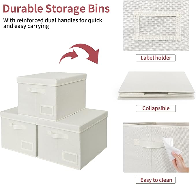 GRANNY SAYS Fabric Storage Bins with Lids, Shelf Organizer, Clothes Storage, Organization Bins, Closet Boxes, Ivory, 3-Pack-NeatNest