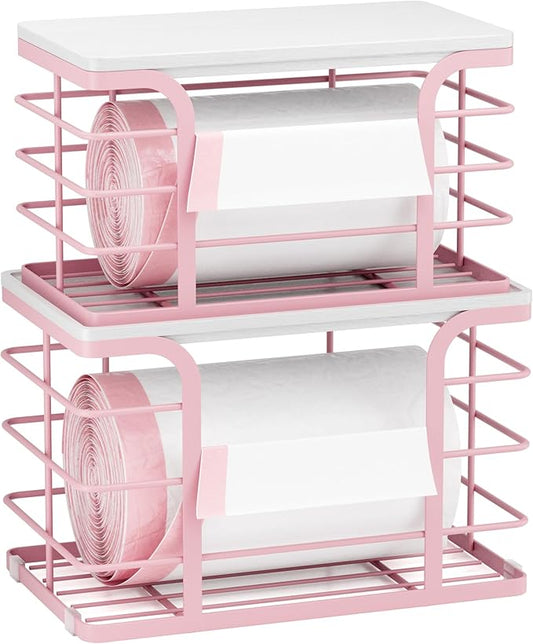 2 Pack Trash Bag Dispenser with Bamboo Top,Wall Mount Garbage Bag Holder,Stackable Kitchen Laundry Pantry Organizers for Countertop Organization,Pink-NeatNest