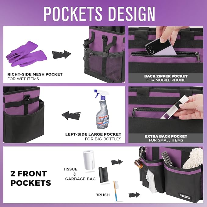 Compact Wearable Cleaning Caddy, Small Cleaning Caddy Supplies Organizer with Handle & Shoulder Straps for Housekeepers, Under Sink & Car Cleaning Tool Organizers Bag (RoyalPurple)-NeatNest
