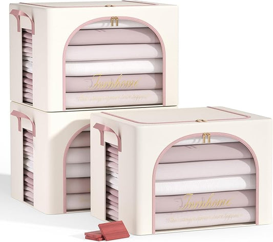Furnhome 3 pack Clothes Storage Bins with metal Frame, sweater storage for closet, Stackable Storage bins for clothes, Foldable Clothing Storage bins with Cedar Blocks& Windows&Zippers|70L-Off White