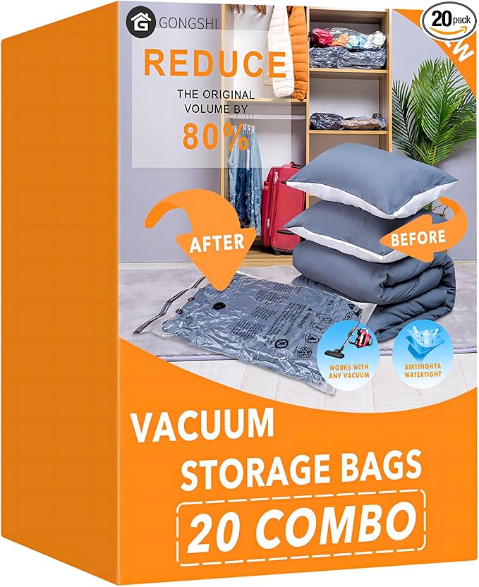20 Pack Vacuum Storage Bags (4 Jumbo, 4 Large, 4 Medium, 4 Small, 4 Roll Up), Space Saver Sealer Compression Bags for Blankets, Comforters, Pillows, Clothes Storage-NeatNest