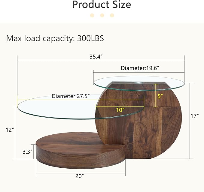 Glass Coffee Tables for Living Room Round Coffee Tables Modern 3 Tier Round Table Circle Coffee Table for Small Space Home Office (35.4 Inch Dark Brown)