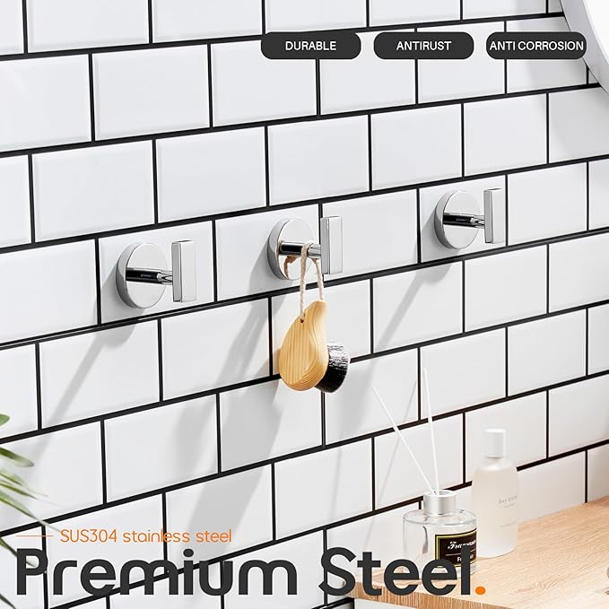 Robe Hook Polished Chrome Bath Towel Hooks Stainless Steel Wall Hooks for Bathroom Kitchen Closet Garage Door Hanger 3 Pack, AN1001CH-P3