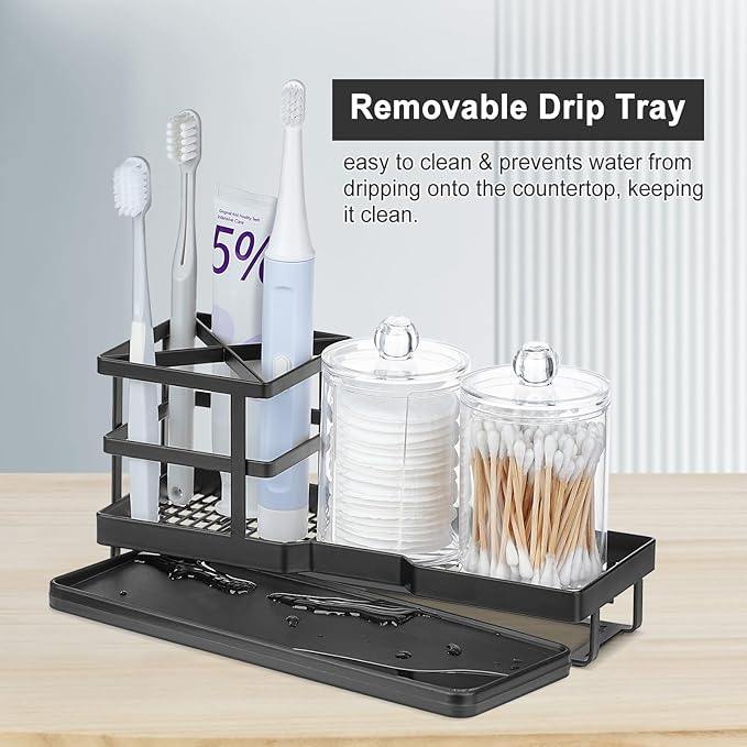 MYITYARD Toothbrush Holders for Bathrooms, Cotton Swabs & Cups Dispenser Set - Metal Electric Tooth Brushing & Toothpaste Countertop Organizer with Drainage for Shower, Sink - Black