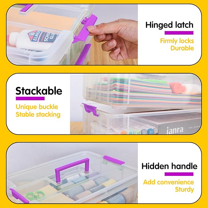 2 Layer Plastic Storage Containers with Lids, Multipurpose Clear Stack & Carry Box, Portable Craft Organizers and Storage Bin for Organizing Art & Craft, Sewing, Makeup, Nail Supplies (Purple)