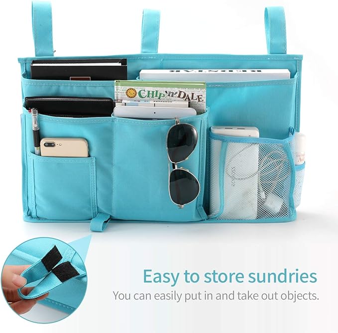Bseash Bunk Bed Organizer, Bedside Caddy Hanging Bed Organizer Storage Bag 8 Pockets, for College Dorm Rooms Bed, Hospital Bed, Baby Bed Rails, 600D Oxford Cloth (Light Blue)-NeatNest