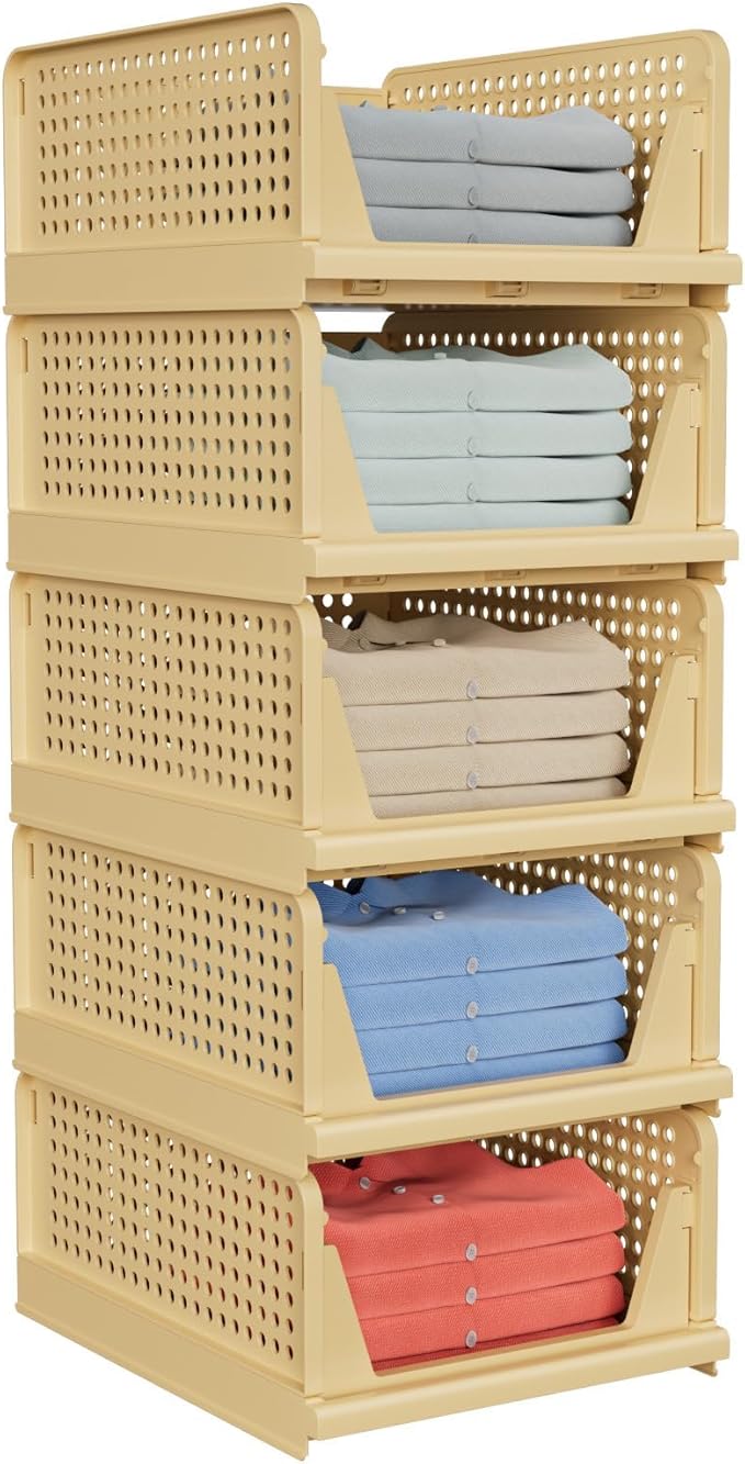 5 Pack Stackable Closet Storage Basket - Stackable Storage Bins, Multifunctional & Foldable Closet Organizer, Wardrobe Cupboard Space-Saving Hat Storage Drawer Organizer, Yellow-NeatNest