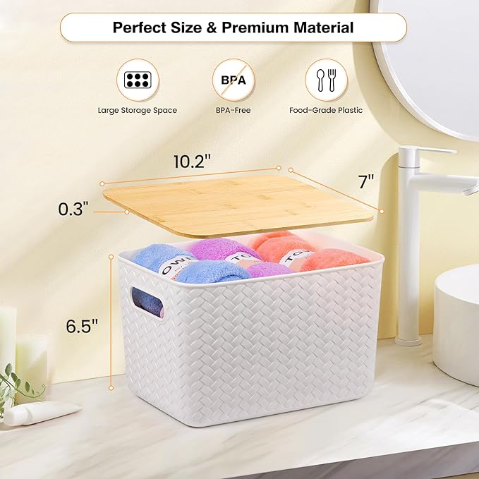 4 Packs Storage Bins with Bamboo Lids - Plastic Storage Containers with Lids Stackable Storage Box：Storages Baskets for Organizing Desktop Closet Playroom Classroom Office,White