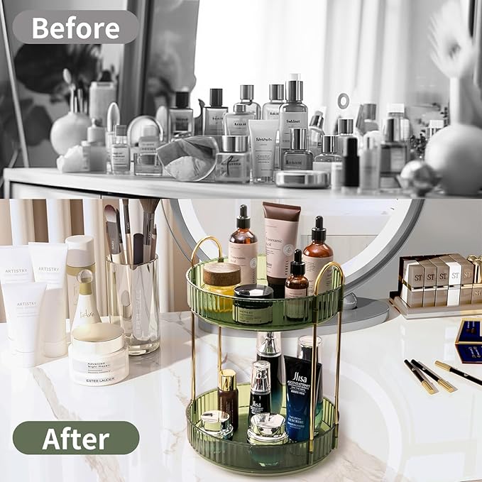 360 Rotating Makeup Organizer for Vanity,2 Tier Large Capacity Skincare Organizers,Bathroom Counter Organizer, Spinning Perfume Organizer & Vanity Organizer (Green-2 Tier)-NeatNest