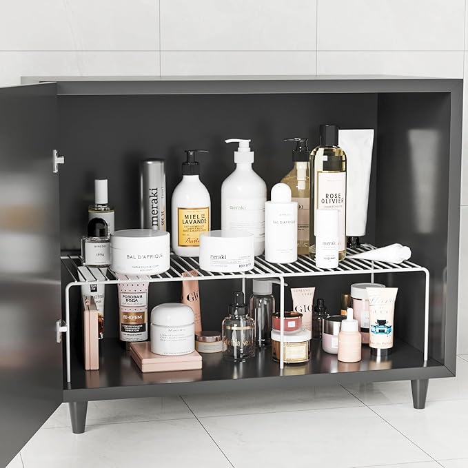 Expandable Storage Shelf, Pantry Organizers and Storage, Adjustable Rustproof Metal Wire Spice Rack, Space Saver Kitchen Storage Shelves for Pan, Pot, Countertop, Drawer, Fridge, Set of 4, White-NeatNest