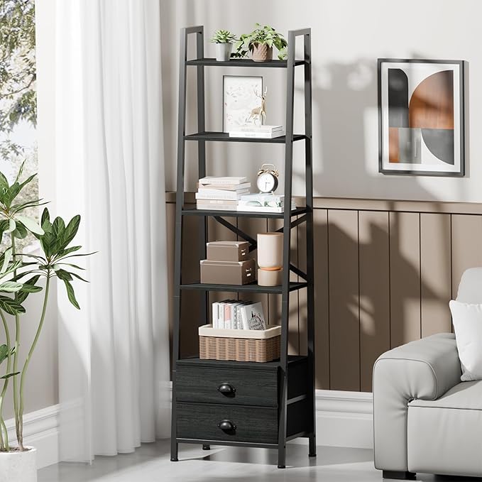 Furologee 5-Tier Ladder Shelf with 2 Drawers,Narrow Bookshelf Storage Shelves,Industrial Bookcase Freestanding Rack Units for Bedroom,Living Room,Bathroom,Home Office,Balcony,Wood Metal, Black Oak
