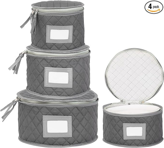 Fine China Storage - Set of 4 Quilted Cases for Dinnerware Storage. Sizes: 12" - 10" - 8" and 7" Wide - Gray - 48 Felt Plate Separators Included-NeatNest