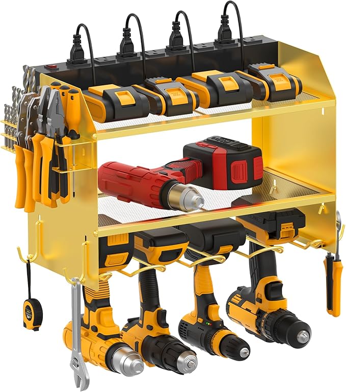 CCCEI Modular Power Tool Organizer Wall Mount with Charging Station. Garage 4 Drill Storage Shelf with Hooks, Drill Bit Heavy Duty Rack, Gold Tool Battery Holder Built in 8 Outlet Power Strip.-NeatNest