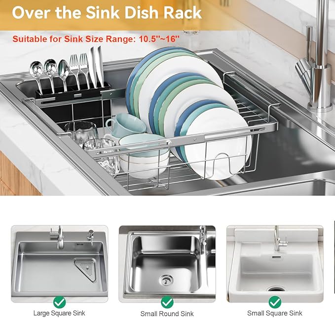 Orgneas Capacity Expandable Dish Drying Rack in Sink, Stainless Steel Rustproof Over Sink Dish Drainer Rack with Utensil Holder for RV Kitchen Counter, Fit for Interior Width 10.5''~17'' Sinks