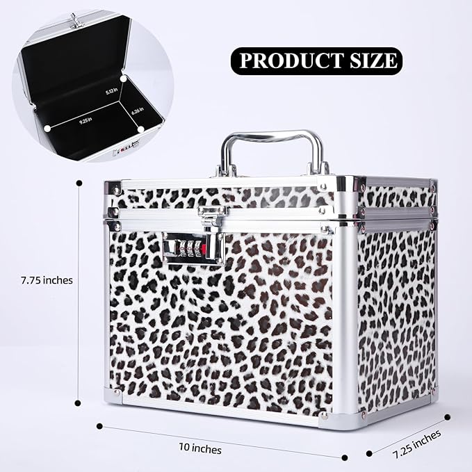 Medication Combination Lock Boxes with Code for Personal Items, Medicine Lockbox for Documents 10 x 7.25 x 7.75 Inches White Leopard