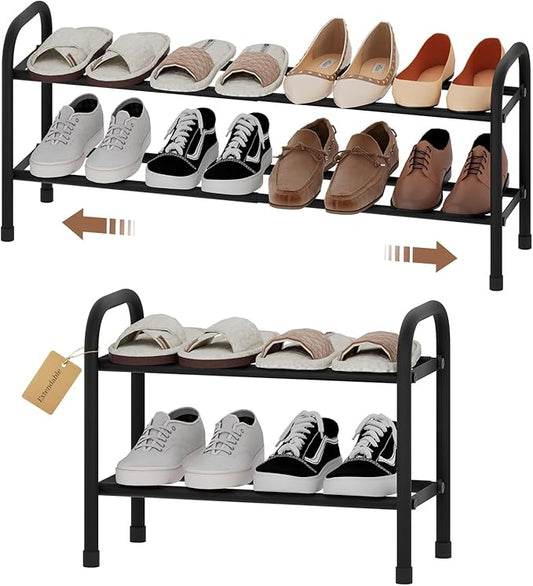 Expandable Shoe Rack, Adjustable Shoes Organizer Metal, Space-Saving Storage Shelf for Closet, Entryway, Front Door & Hallway,Sturdy and Easy Assembly (Black, 2-Tier)