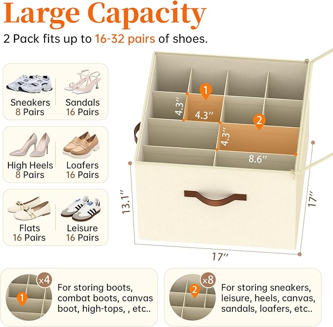 Shoe Organizer for Closet, 2 Pack Shoe Organizer with Clear Cover, Closet Shoe Storage Containers w/Adjustable Dividers, Foldable Storage Bins for Shoes, Fits 16-32 Pairs, Beige-NeatNest