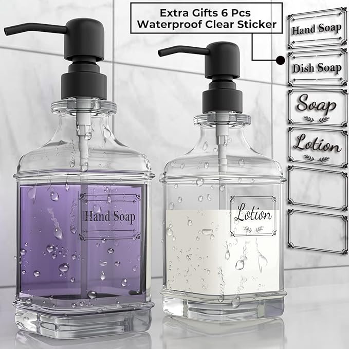 GLADPURE 2 Pack Soap Dispenser, 18 Oz Antique Design Thick Glass Hand Dispensers; with 304 Rust Proof Stainless Steel Pump, 6Pcs Clear Stickers, for Kitchen, Bathroom- Black-NeatNest