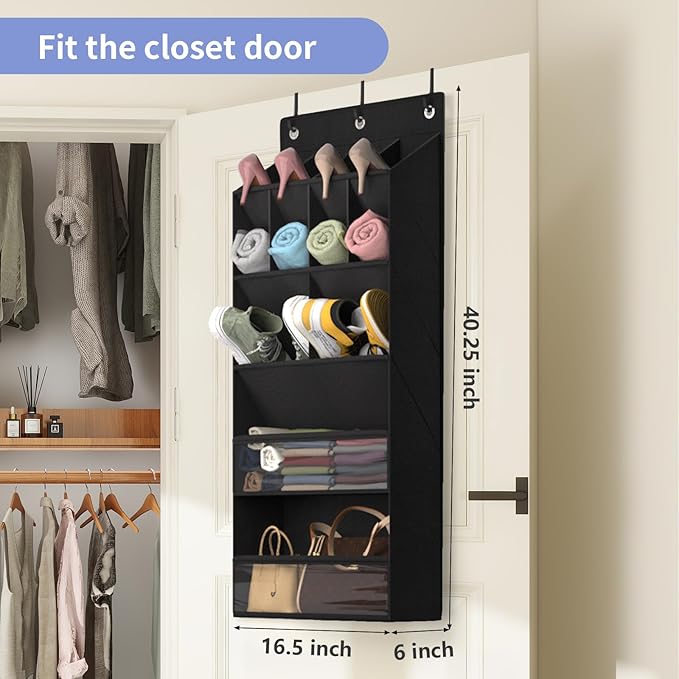 FENTEC 1 Pack Over-the-Door-Shoe-Organizers, Hanging Shoe Organizer with Large Pocket Shoe Holder Hanging Shoe Rack for Closet Shoe Organizer for Wall, Over Door Organizer with 15 Pockets Black-NeatNest