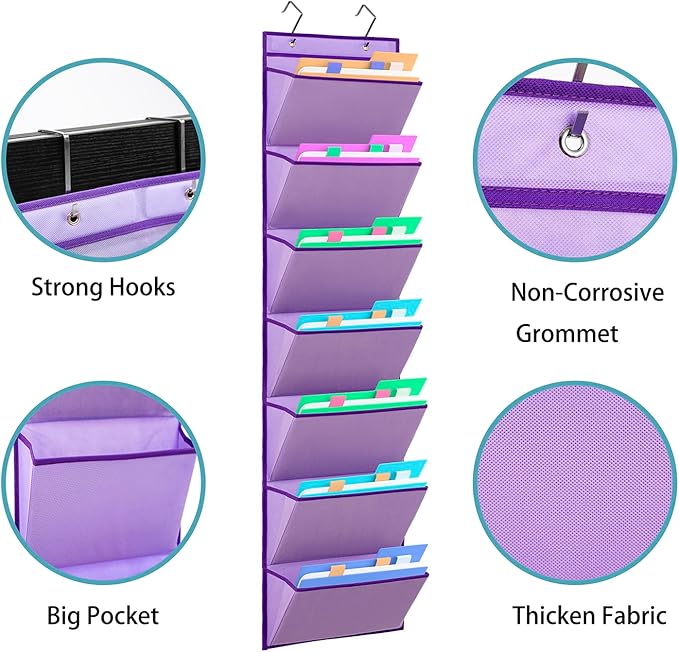 Wall Mounted File Holder Over Door Hanging Mail Organizer Document Storage Bag for Papers Magazines and Books (7 POCKETS-PURPLE)-NeatNest