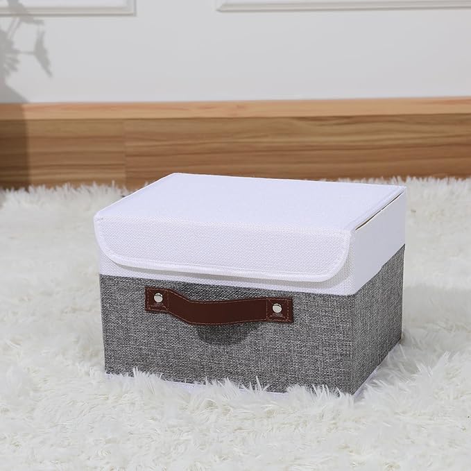 ANMINY Storage Boxes with Lids Washable Decorative Storage Bins Basket with PU Leather Handle Foldable Linen Fabric Storage Cubes Containers for Home Closet Organizer - Gray White, Small Size-NeatNest