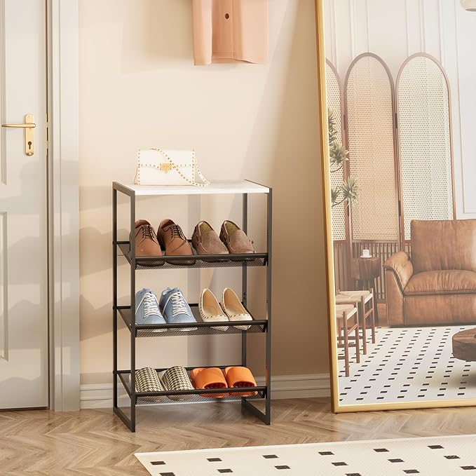 Garden 4 you 4 Tiers Narrow Shoe Rack,Small Space Freestanding Shoe Storage Organizer with White Wooden Tabletop,Adjustable Metal Shelf Stackable Shoe Shelf for Entryway Hallway Living Room Closet-NeatNest