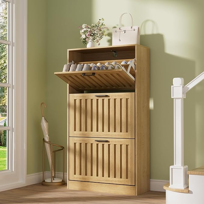 Shoe Storage Cabinet for Entryway with 3 Flip Drawers, Wooden Shoe Organizer with Adjustable Shelf, Freestanding Wood Fluted Panel Shoes Cabinet Closed Shoe Rack for Hallway, Foyer, Nature Oak-NeatNest