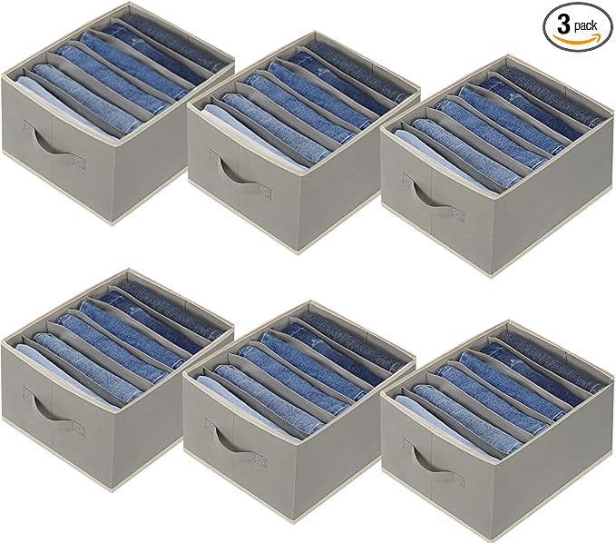 6 Pcs Large Size Wardrobe Clothes Organizers 6 Grids for Pants, Jeans, Sweater, T-shirt, Thin Coat, Dress Stackable Closet Drawer Organizer Storage Bin Container with Sturdy Handles, Grey-NeatNest
