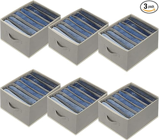 6 Pcs Large Size Wardrobe Clothes Organizers 6 Grids for Pants, Jeans, Sweater, T-shirt, Thin Coat, Dress Stackable Closet Drawer Organizer Storage Bin Container with Sturdy Handles, Grey-NeatNest