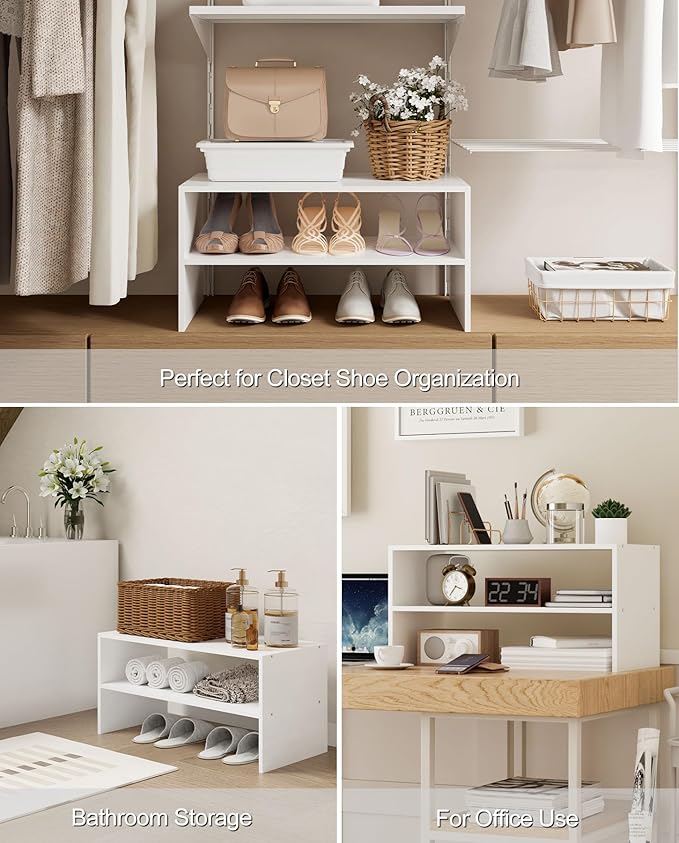 2-Tier Stackable White Shoe Rack, Wooden 2-Shelf Shoe Organizer Freestanding Shoe Storage Stand for 6-9 Pairs, Perfect for Closet, Entryway, Office Use - Modern White-NeatNest