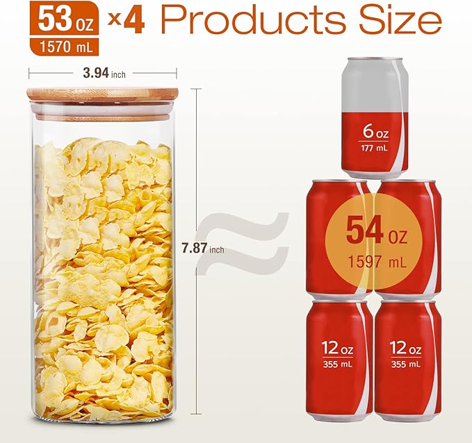 Glass Jars with Bamboo Lids 53 FL OZ [Set of 4], Glass Canisters with Airtight Lids, Glass Food Storage Containers for Pasta, Oats, Coffee, Flour, Sugar, Rice, Best for Kitchen & Pantry-NeatNest