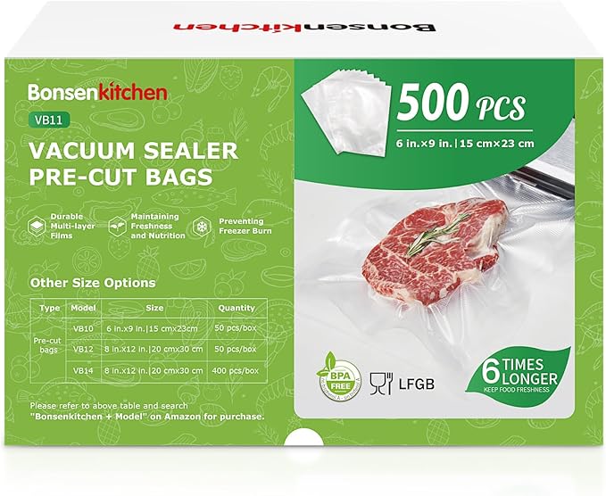 Bonsenkitchen Precut Vacuum Sealer Bags, 500 Pint 6" x 9" Food Sealer Bags,Commercial Grade, BPA Free, Heavy Duty, Customized Size Vacuum Bags for Vac Storage, Meal Prep or Sous Vide Cooking, VB11-NeatNest