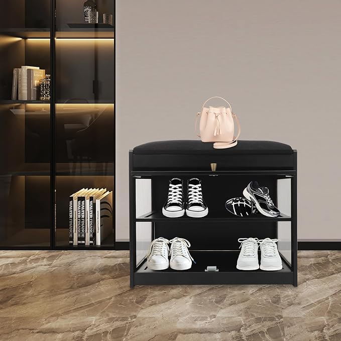 Eapmic Shoe Storage Bench, Entryway Shoe Rack Bench with Padded Seat Cushion, 2-Tier Shoe Cabinet, Bamboo Shoe Organizer for Hallway Bedroom Living Room Front Door (Black, 19.69 * 12.6 * 17.32in)