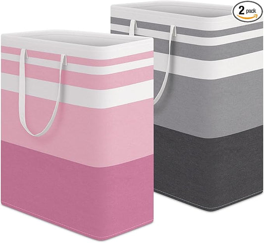 HomeHacks 2 Pack Large Laundry Baskets, Waterproof, Freestanding Laundry Hampers, Collapsible Clothes Hamper with Reinforced Handles in Laundry, College Dorm, Bathroom, Bedroom (Grey+Pink, 125Lx2)-NeatNest