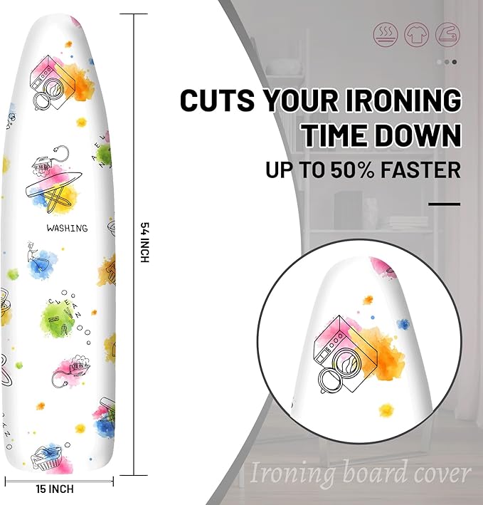 Extra Thick Ironing Board Cover and Pad, 15x54 Ironing Board Cover, Resist Scorching and Staining,Elastic Edges,Art of Life Iron Sew Laundry Watercolor