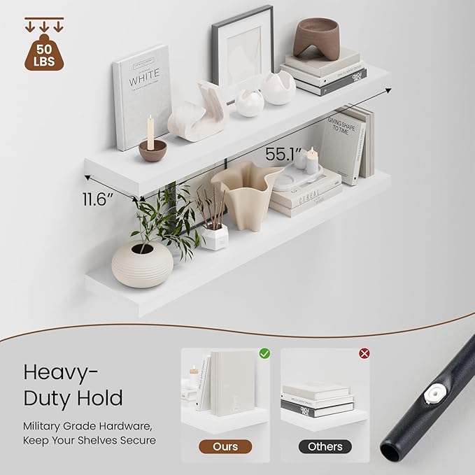Heimlove 55 x 12 inch Extra Long Floating Shelves for Wall, 12 Inch Deep Floating Shelves, Large Display Shelf & Storage Shelf for Living Room Bedroom Kitchen Home Office, Set of 2, White-NeatNest
