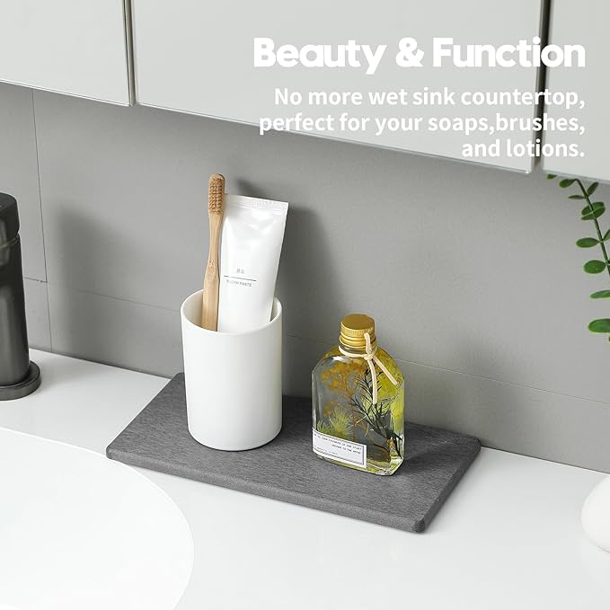 2PCS 10"x 5" Large Bathroom Sink Vanity Trays, Water Absorbing Diatomite Stone Quick Drying Mat for Kitchen Counter, Dish Rack Dispensers Sponge Holder Caddy Organizer, Dark Gray,-NeatNest